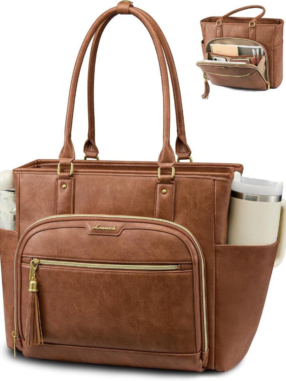 Laptop Tote Bag for Women Work, Vintage Leather Teacher Nurse Bag with Large Cup